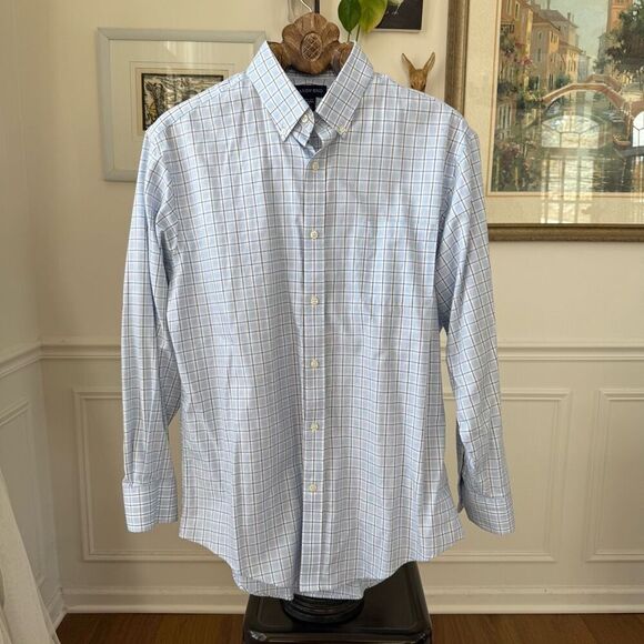 Lands’ End Button Down Shirt Plaid Blue No Iron Cotton 16.5 34 - Picture 2 of 7